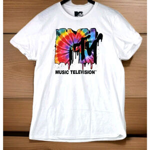 MTV Music Television Tie Dye Logo T-Shirt White Short Sleeve 80s 90s Y2K Large